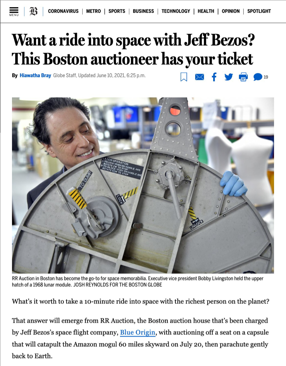 Bobby Livingston from RR Auction on the cover of Boston Globe